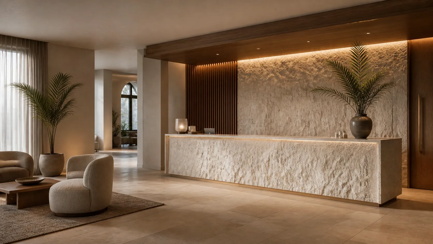 Render di una reception d'albergo con bancone in pietra scolpita, retroilluminazione calda e boiserie verticale in legno scuro.