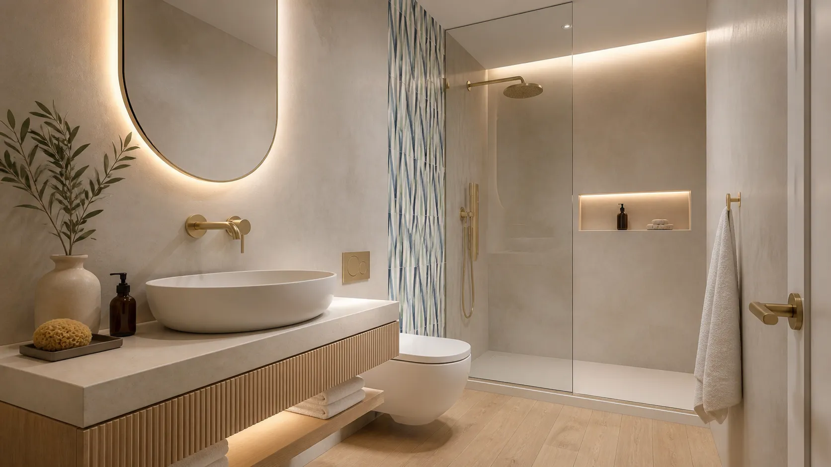 Render di un bagno con mobile a doghe in rovere, lavabo d'appoggio, rubinetteria in ottone e doccia a filo pavimento.