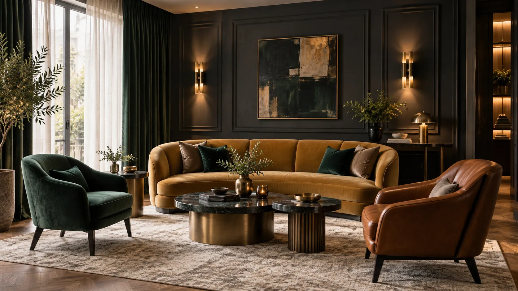 Render di una lounge con divano ocra, poltrone verde bosco e cognac, tavolini in marmo e boiserie grafite.