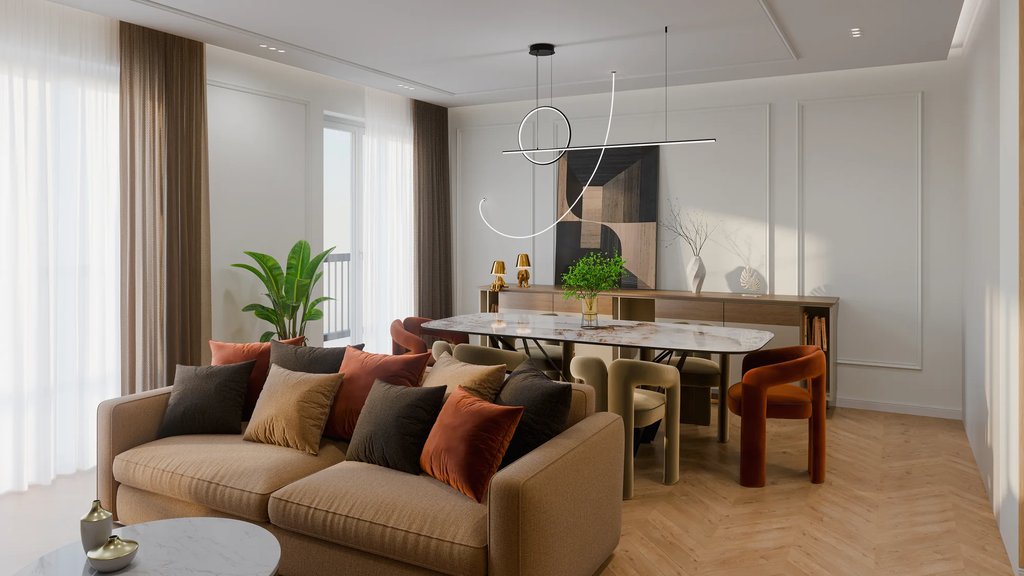Render di un soggiorno con boiserie chiara, divano e lampada a sospensione sopra il tavolo.