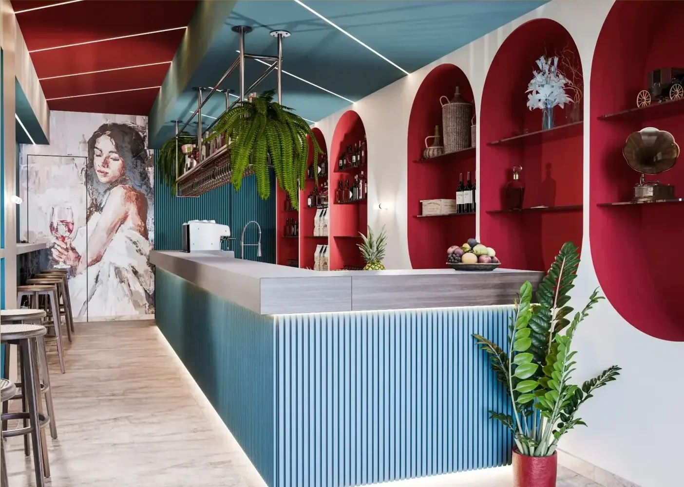 Render del banco bar con fronte a listelli azzurri, piano in legno e nicchie ad arco rosse sulla parete.