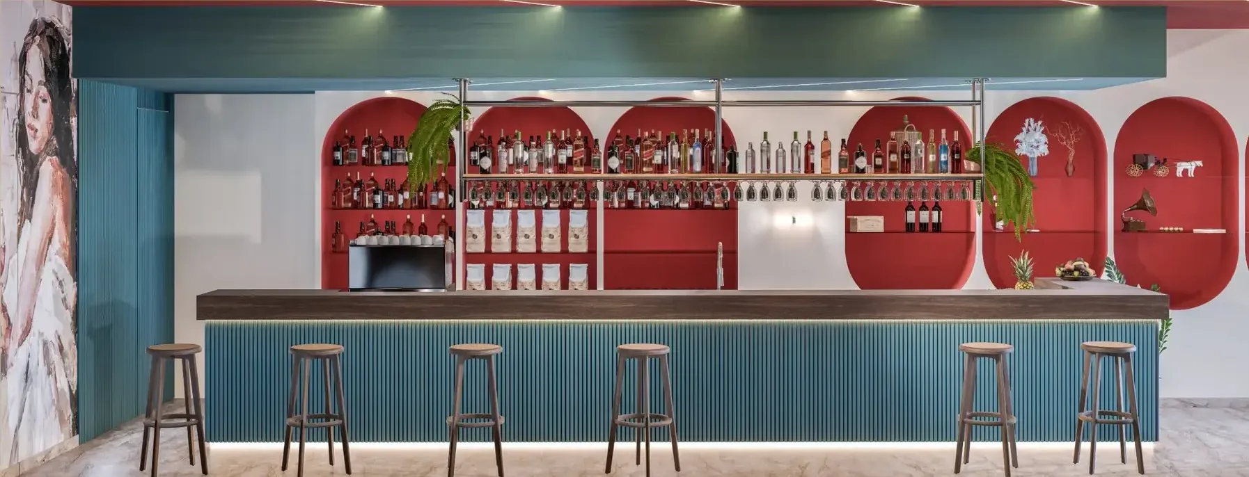 Render frontale del banco bar con sgabelli allineati e nicchie ad arco rosse alle spalle.
