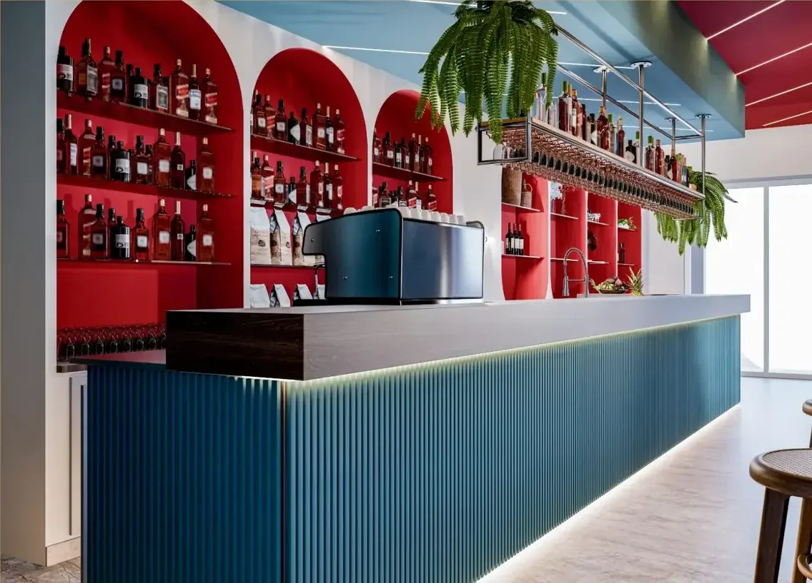 Render del banco rinnovato, con fronte a listelli azzurri, macchina del caffè e nicchie rosse.