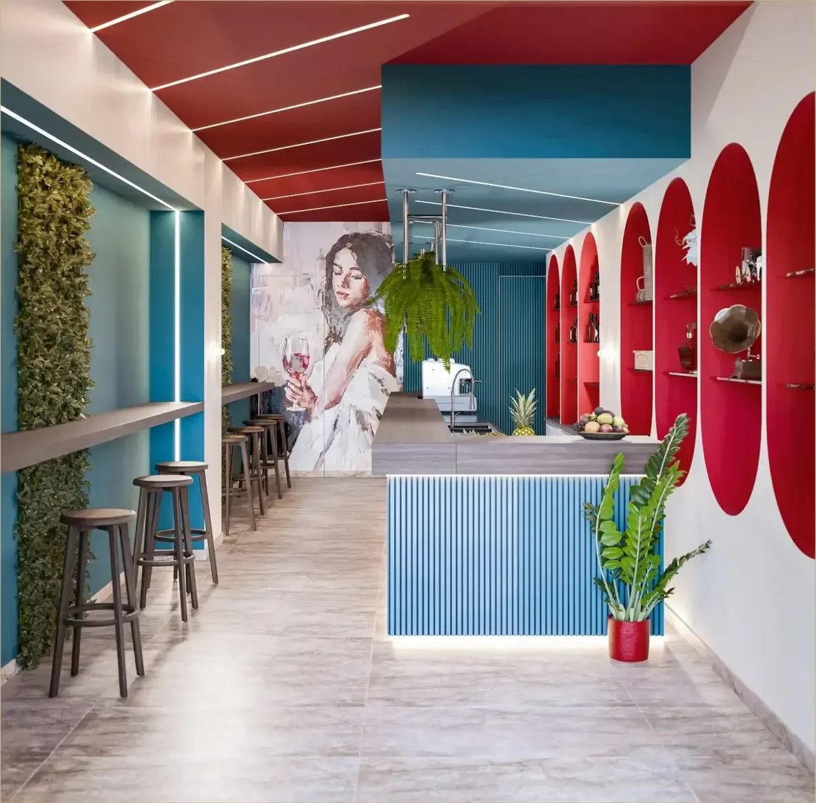 Render del locale visto dall’ingresso, con soffitto rosso, murale dipinto e banco sul fondo.