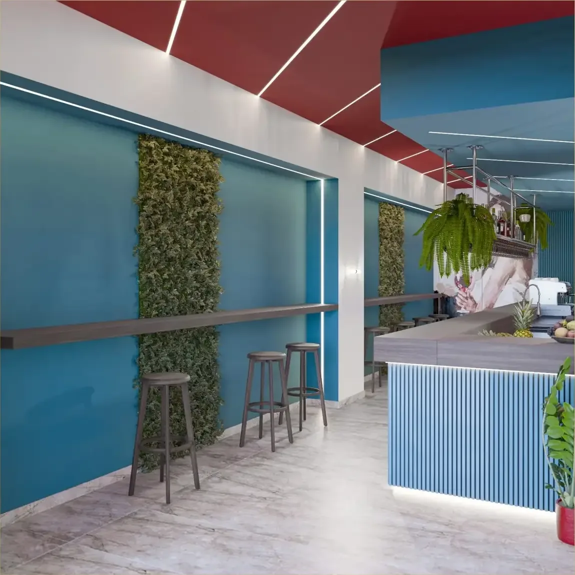 Render della sala con parete ottanio, giardini verticali, mensola in legno e sgabelli alti.