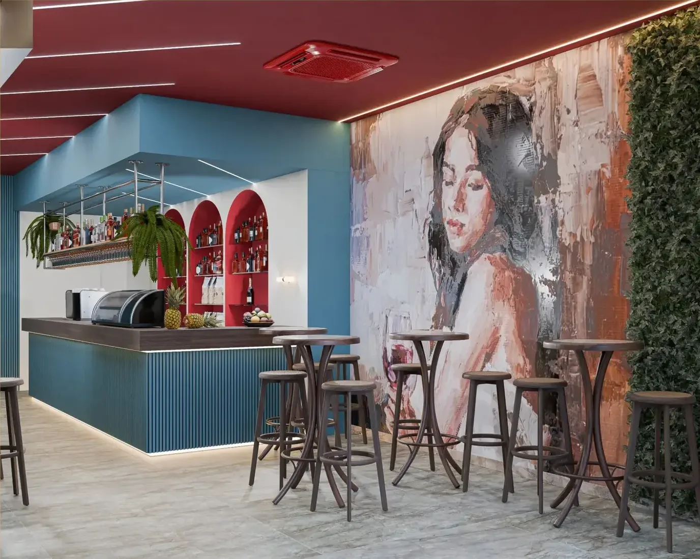 Render della sala con tavoli alti, sgabelli e murale dipinto a tutta parete accanto a una siepe verticale.
