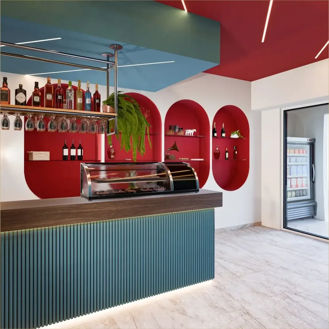 Render del banco con vetrina refrigerata, calici appesi e nicchie ad arco rosse.