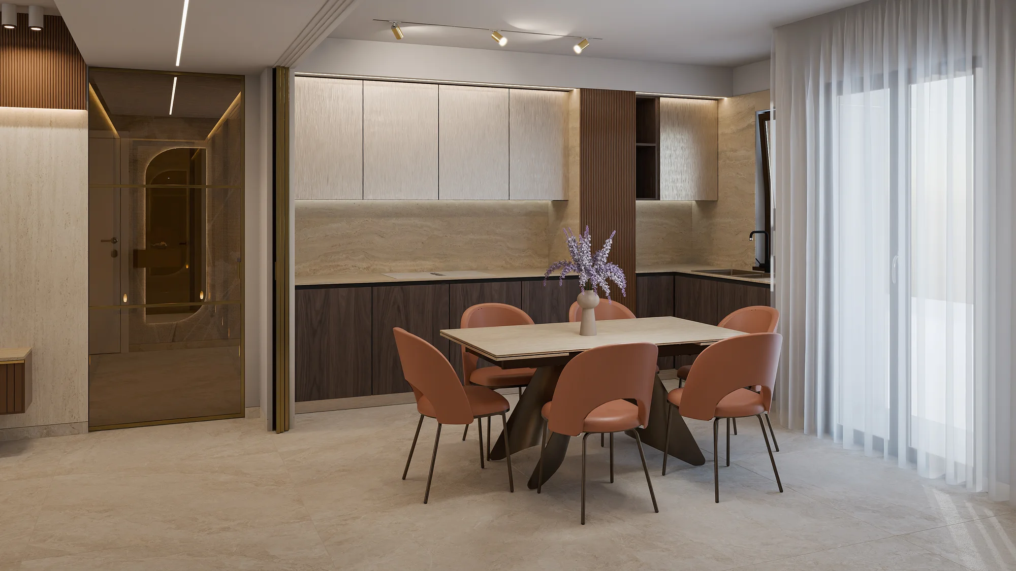 Render di una cucina ad angolo nei toni della pietra e del legno, con sedute terracotta.