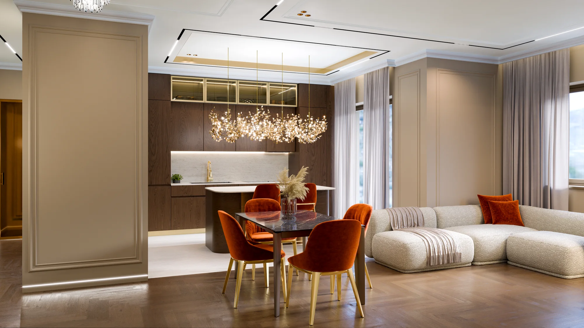 Render di un open space con divano chiaro, sedute in velluto terracotta e cucina in legno.