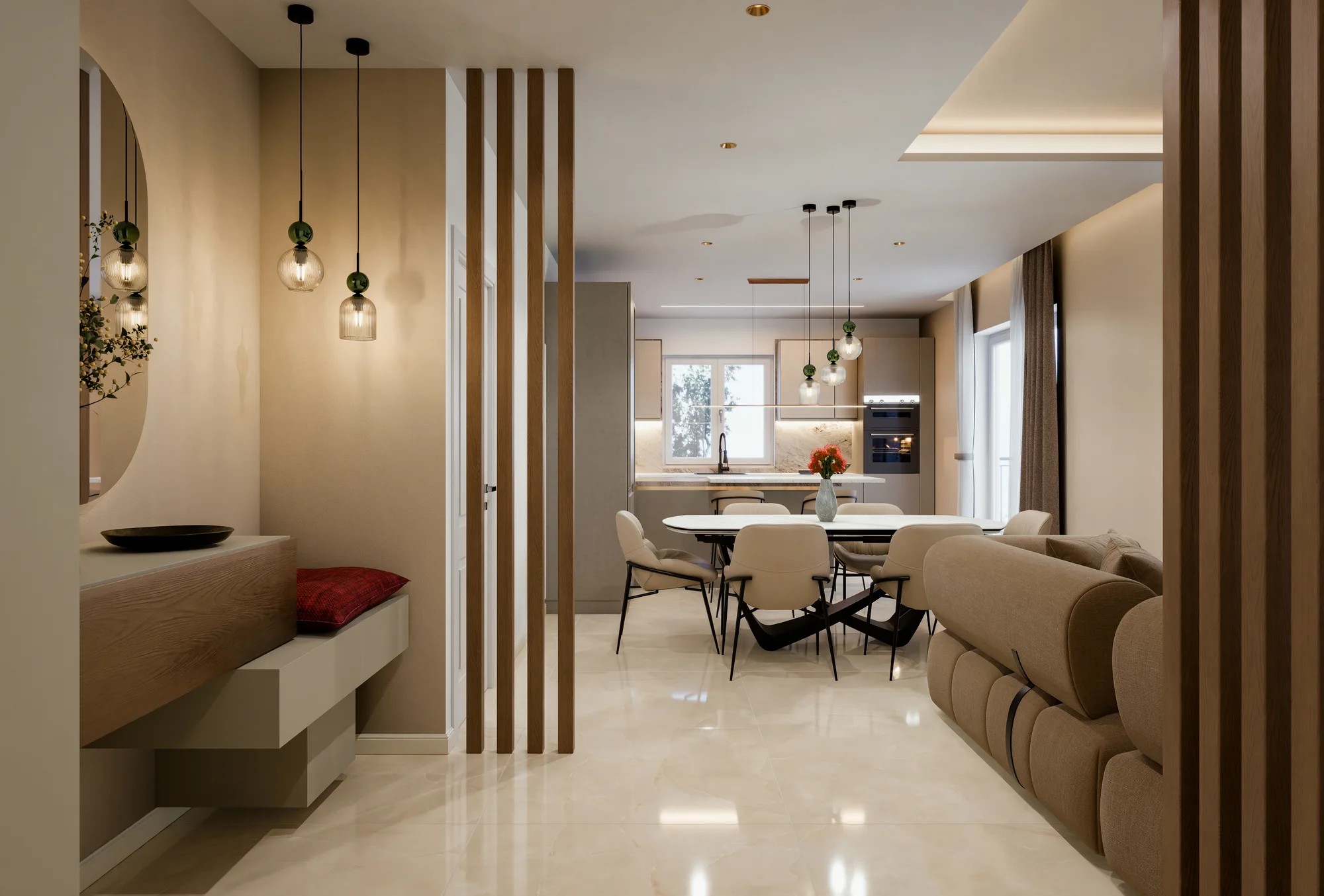 Render di un ingresso aperto sul soggiorno, con divisori a listelli e sospensioni in vetro.