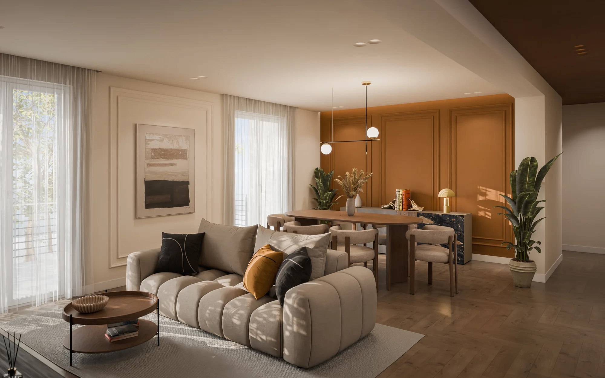 Render di un soggiorno con divano curvo, parete ocra e tavolo da pranzo in legno.