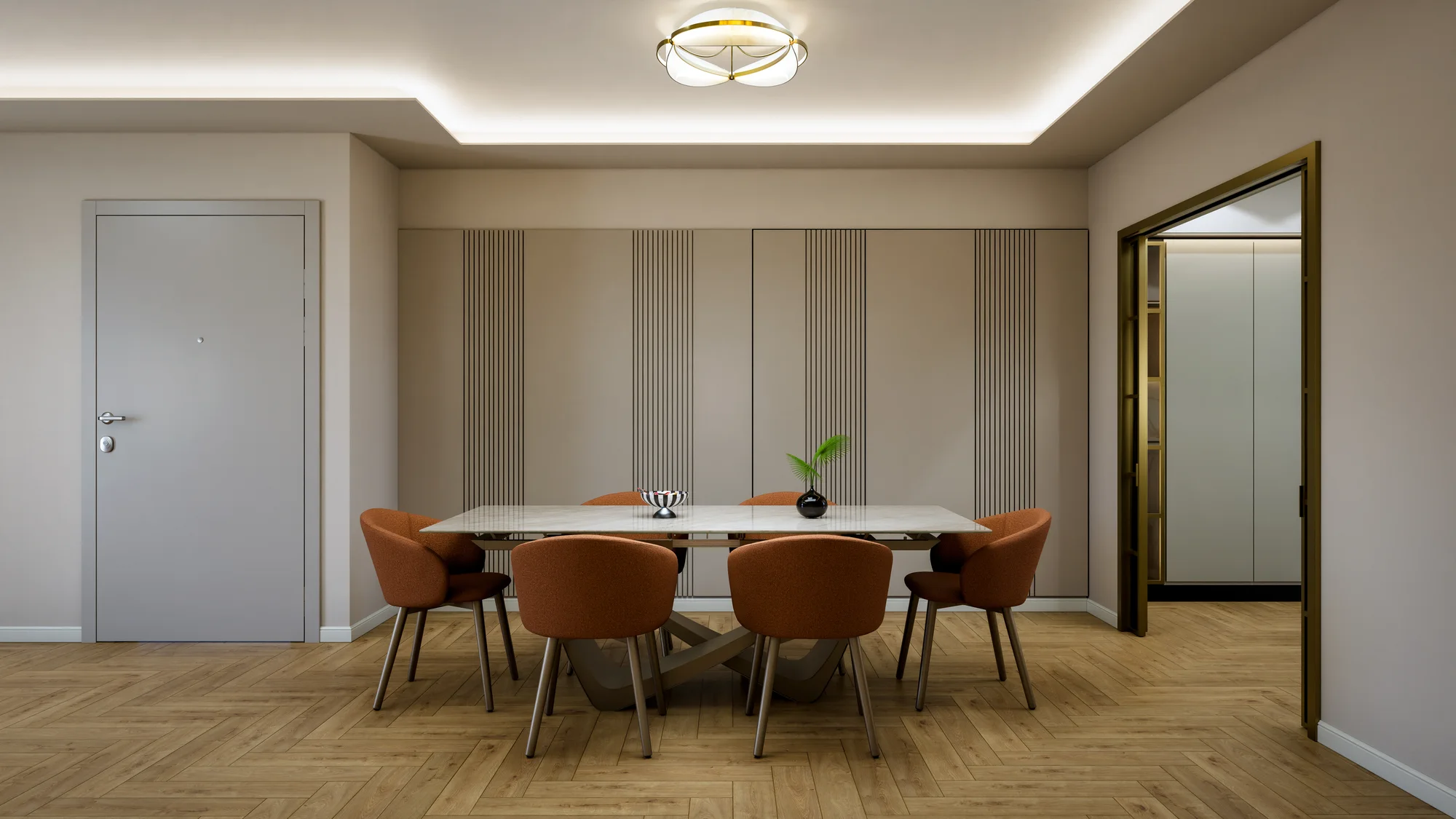 Render di una sala da pranzo con parete attrezzata a doghe e sedie color ruggine.