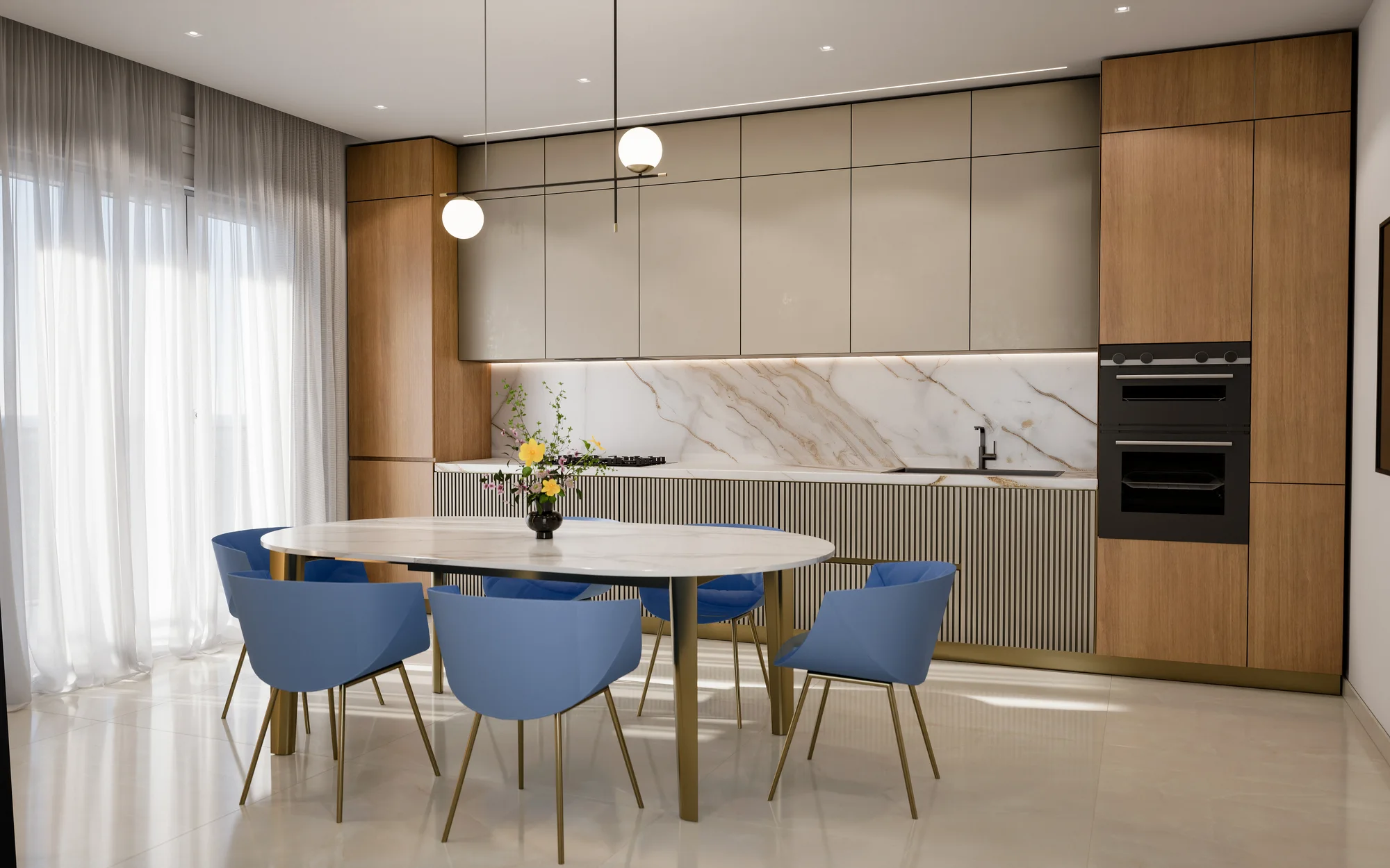 Render di una cucina in legno e marmo con tavolo ovale e sedute blu.