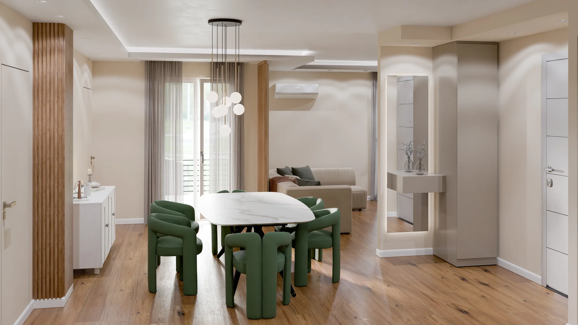Render di una zona pranzo con sedute verdi, parquet e dettagli verticali in legno.